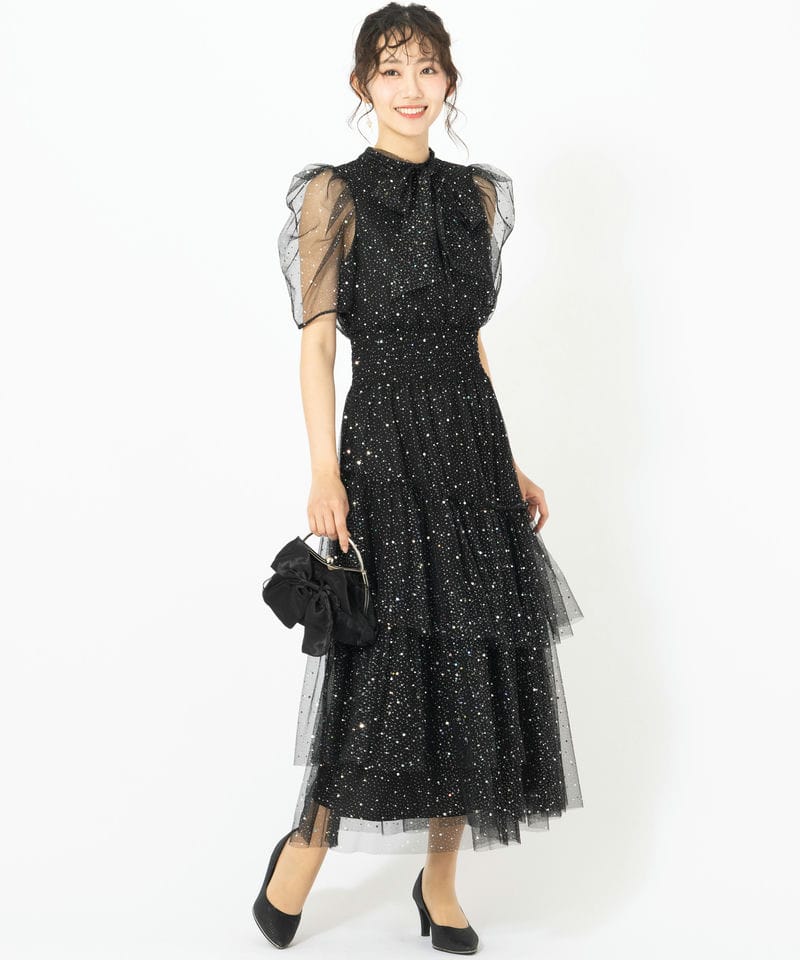 FURFUR ラメ　チュール　ドレス ブラック F 結婚式　二次会　芸能人着用 FURFUR ファーファ― ハーフスリーブラメチュールドレス ブラック系