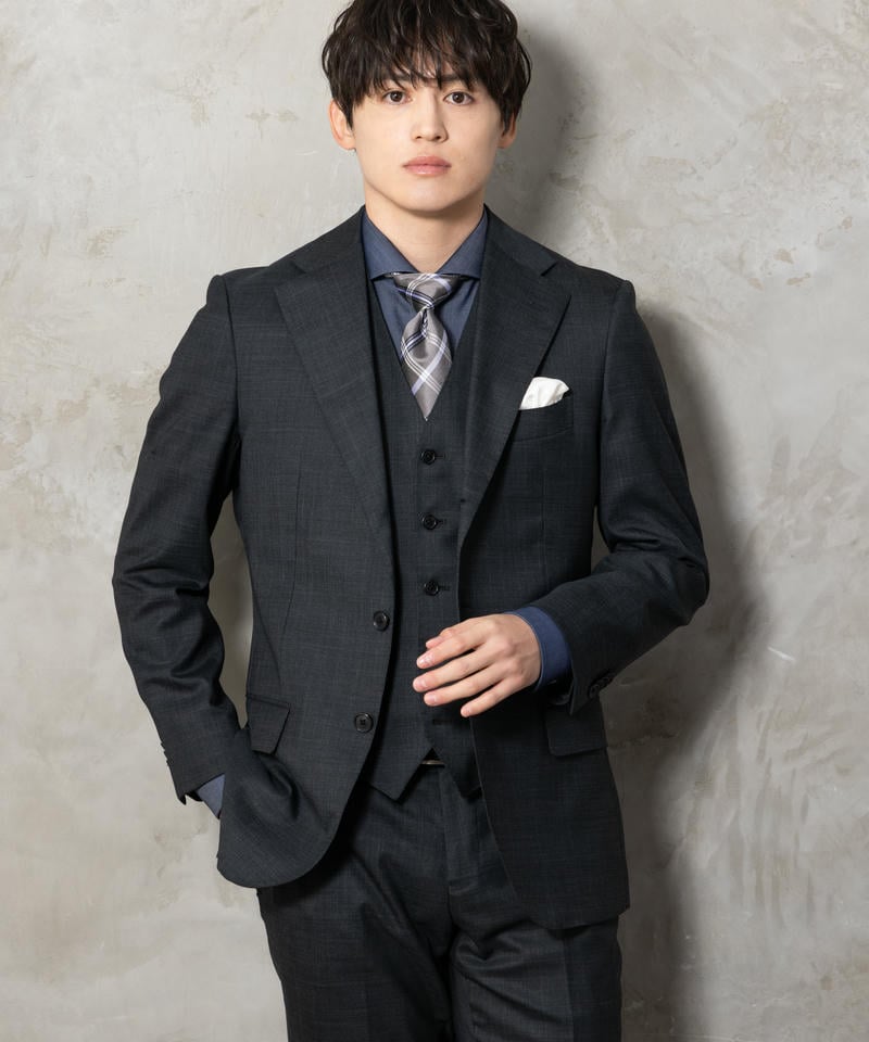 【極美品】SUIT SQUARE 3ピース 通年 無地 ノータック ダークグレー SUIT SQUARE シャドーオーバーチェック・スリーピーススーツ グレー系