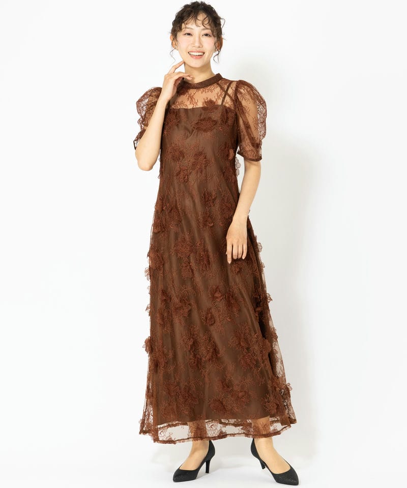 andresd ブラウンドレス　M ANDRESD アンドレスド ラッセルレースフラワードレス ブラウン系