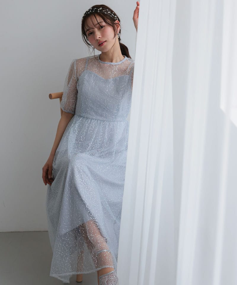Select Shop スパンコール刺繍チュールパフスリーブドレス ブルー系