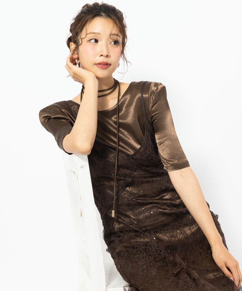 ANDRESD アンドレスド スパークルレースサテンドレス ブラウン系