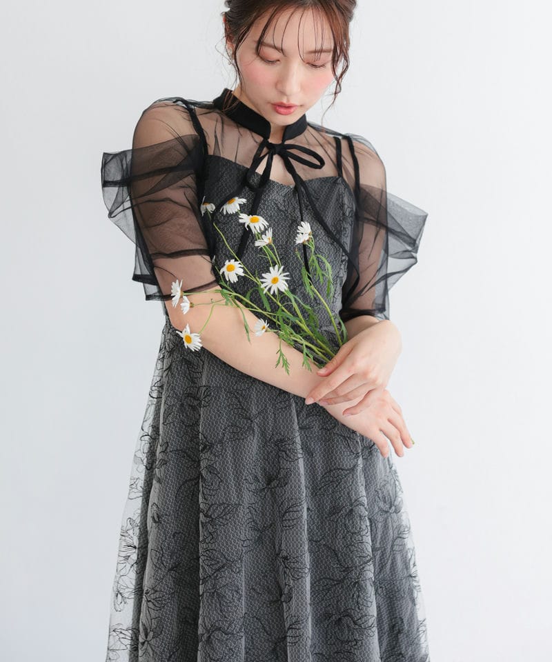 Select Shop ボレロレイヤードチュールフラワー刺繍ロングドレス