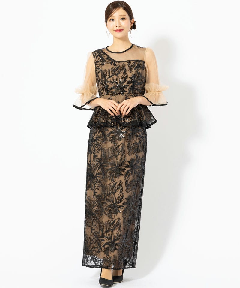 Leja レジャ シアーパフスリーブペプラムIラインドレス ブラック系