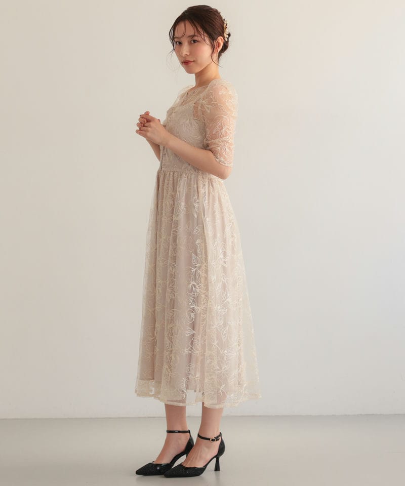 Select Shop シアーラインフラワー刺繍パフスリーブドレス ベージュ系