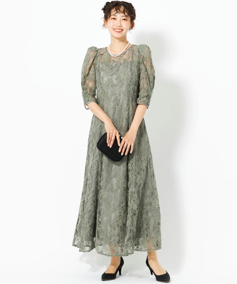 Aimer エメ ラメモールレース七分袖パネルラインドレス グリーン系