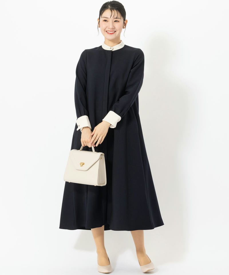 SHIPS シップス ダブルクロスAラインシャツワンピース ネイビー系