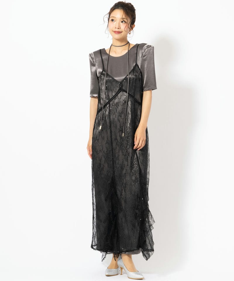 ANDRESD アンドレスド スパークルレースサテンドレス ブラック系
