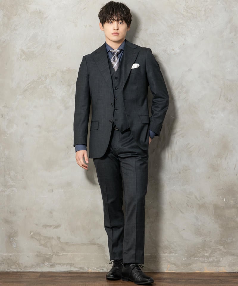 【極美品】SUIT SQUARE 3ピース 通年 無地 ノータック ダークグレー SUIT SQUARE シャドーオーバーチェック・スリーピーススーツ グレー系