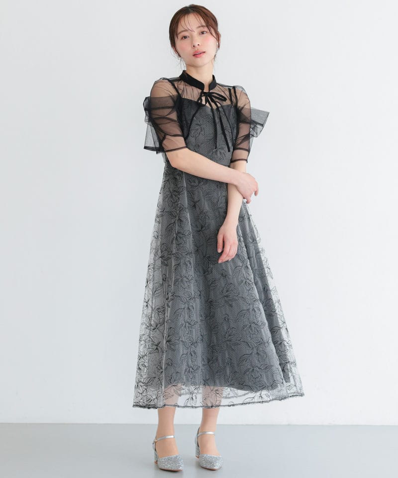 Select Shop ボレロレイヤードチュールフラワー刺繍ロングドレス