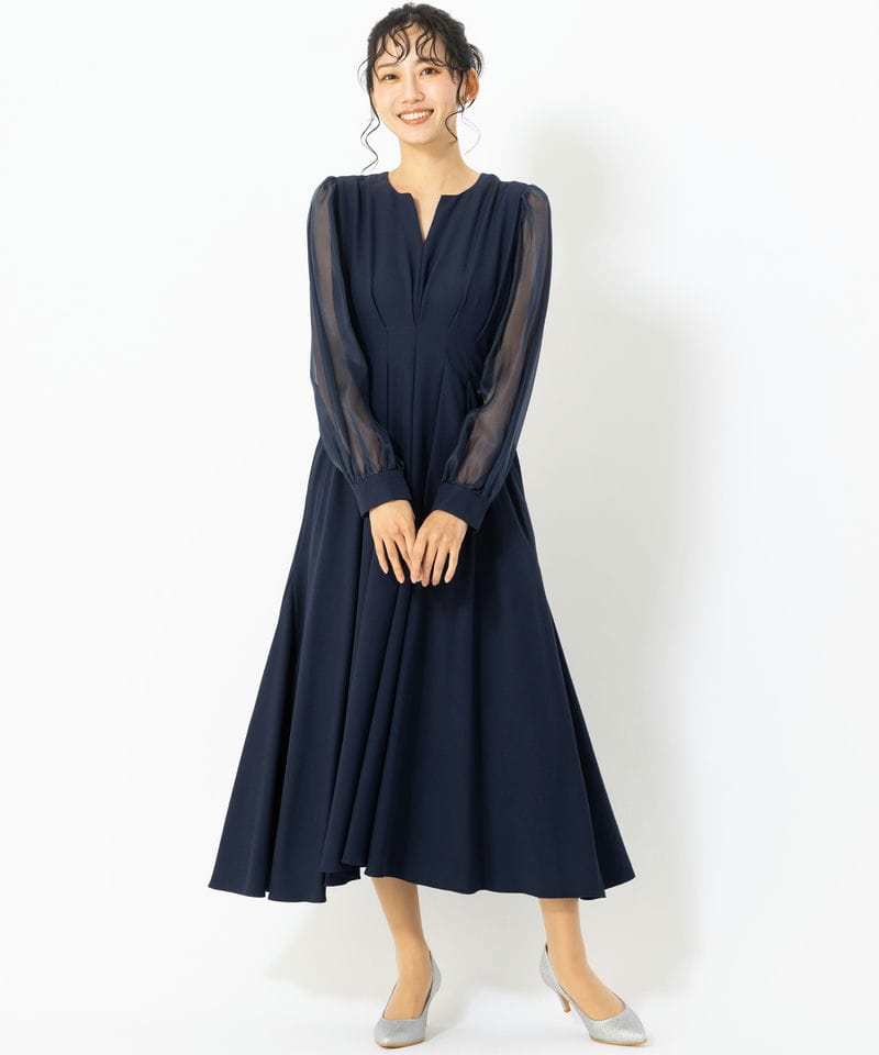 Select Shop オーガンジースリーブXラインキーネックドレス ネイビー系