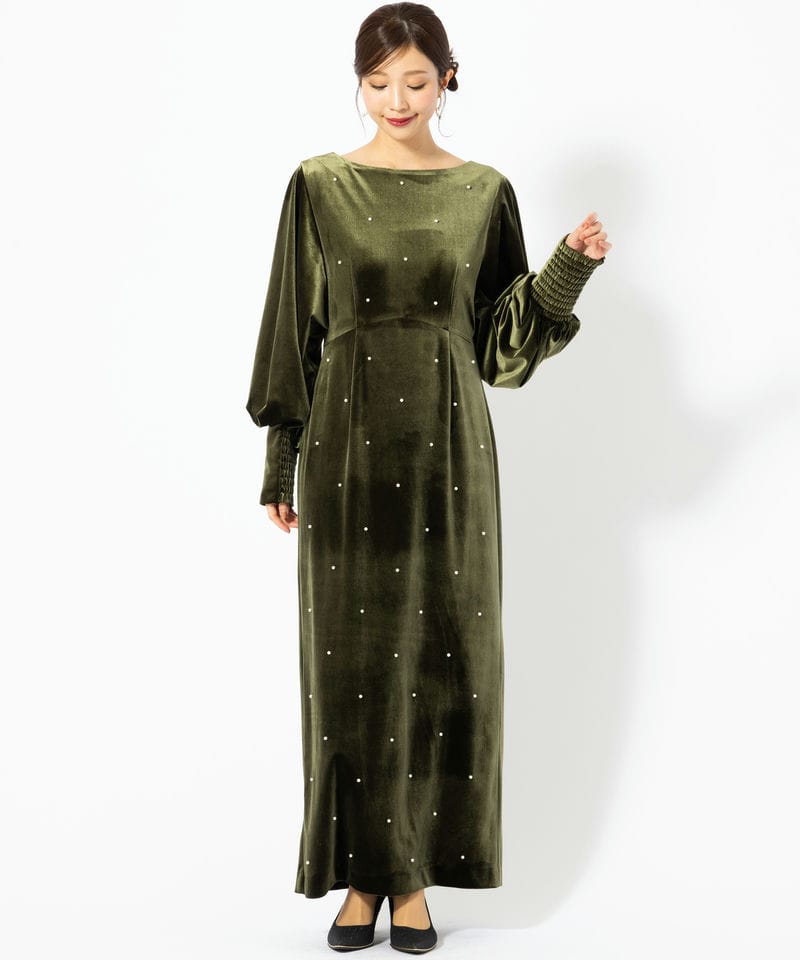 Ameri VINTAGE アメリヴィンテージ バックオープンパールベロアドレス