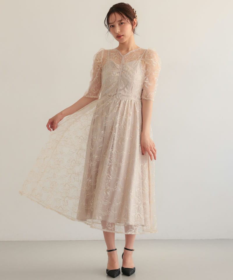Select Shop シアーラインフラワー刺繍パフスリーブドレス ベージュ系