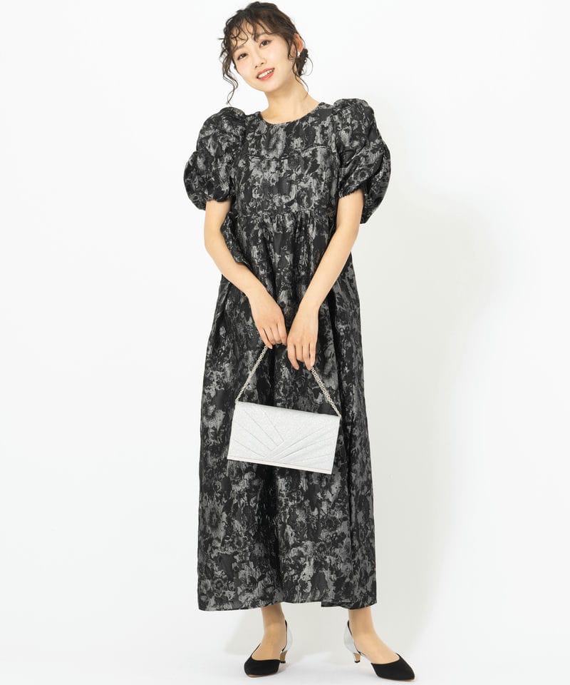 ANDRESD アンドレスド バブルスリーブジャガードロングドレス グレー系