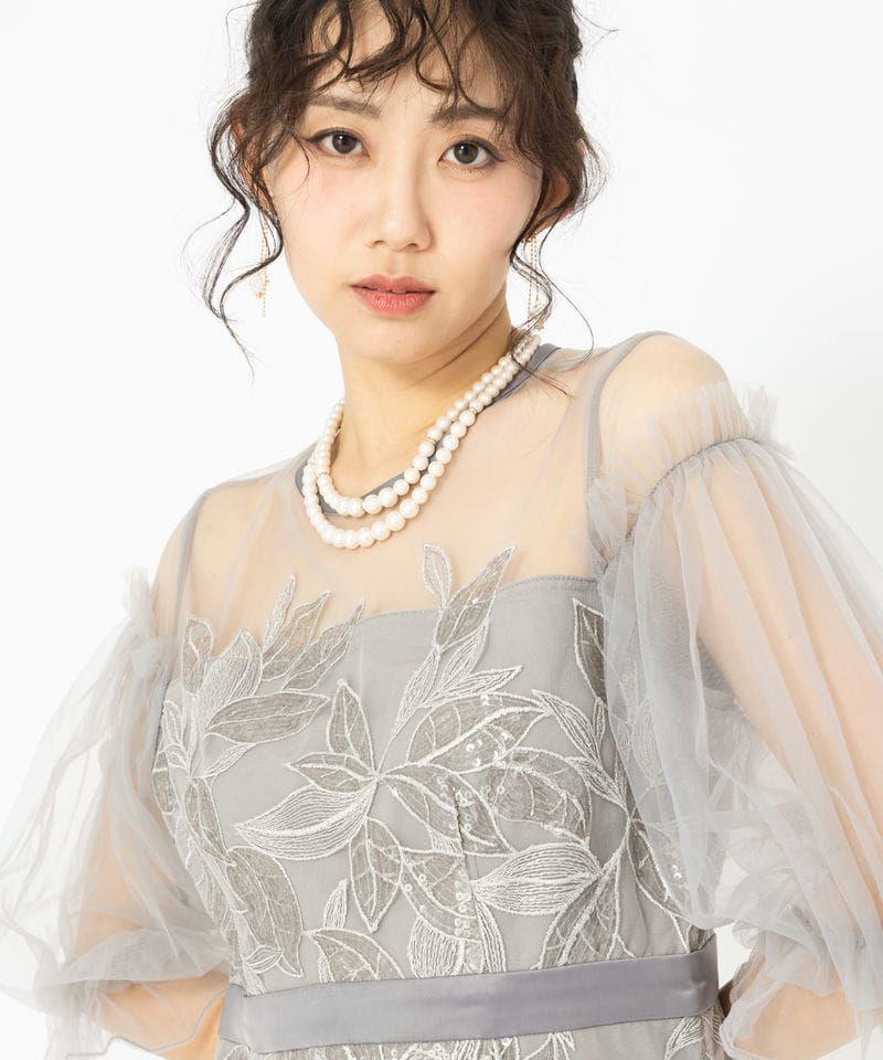 Leja レジャ チュールスリーブボタニカルマーメイドドレス グレー系