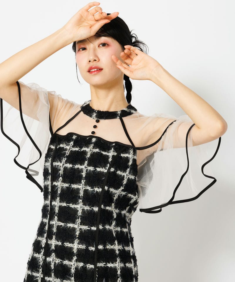 Leja レジャ ラメシャギーツイードチェックフリルマーメイドワンピース