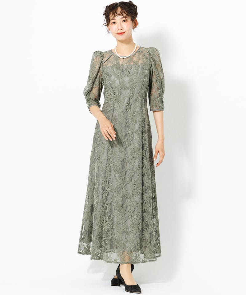 Aimer エメ ラメモールレース七分袖パネルラインドレス グリーン系