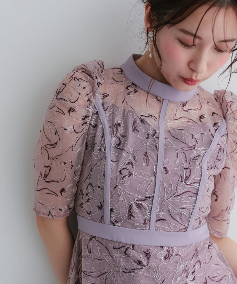 Select Shop 配色パイピングフラワー刺繍チュールドレス パープル系