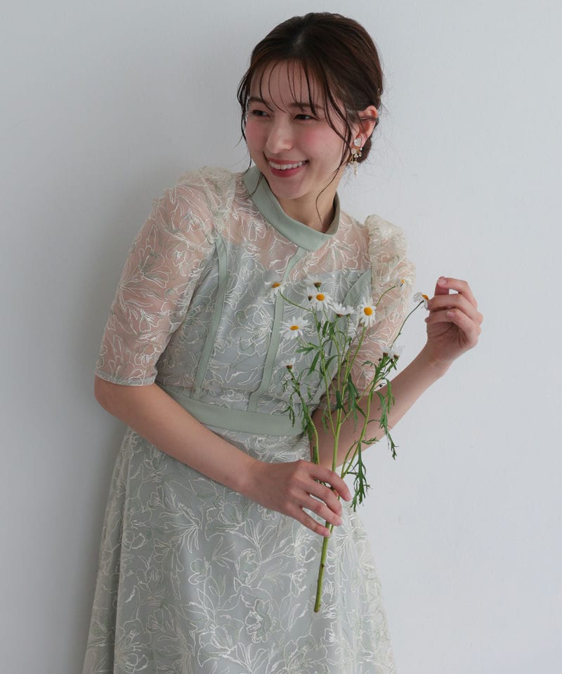 Select Shop 配色パイピングフラワー刺繍チュールドレス グリーン系