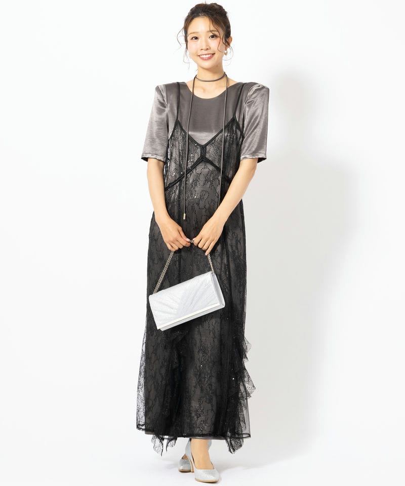 ANDRESD アンドレスド スパークルレースサテンドレス ブラック系