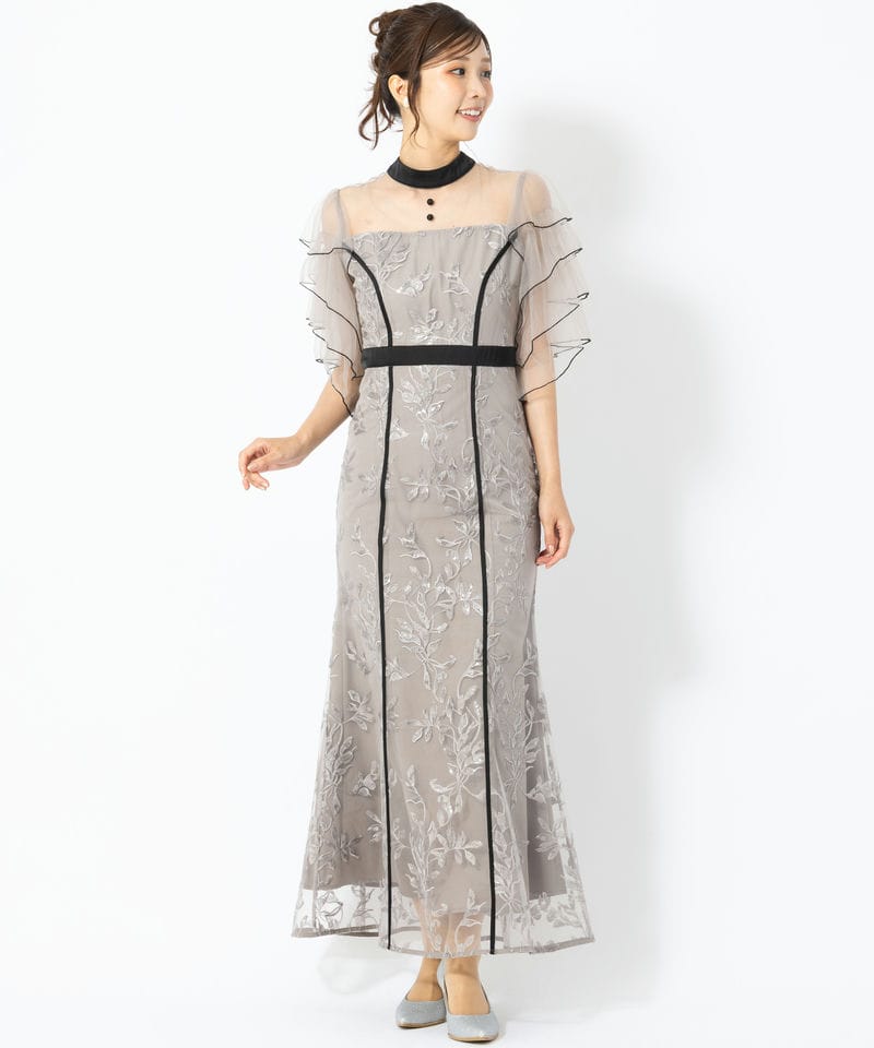 Leja レジャ ハイネックパイピングシアーチュールスリーブスパンコール
