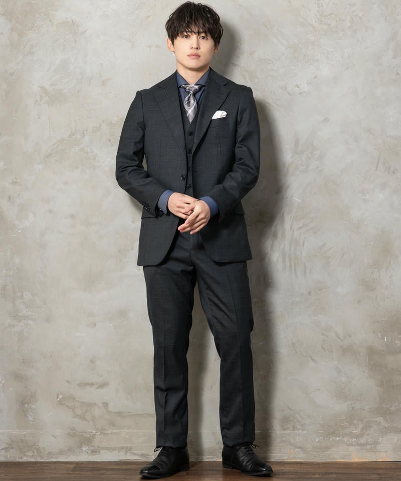 【極美品】SUIT SQUARE 3ピース 通年 無地 ノータック ダークグレー SUIT SQUARE シャドーオーバーチェック・スリーピーススーツ グレー系
