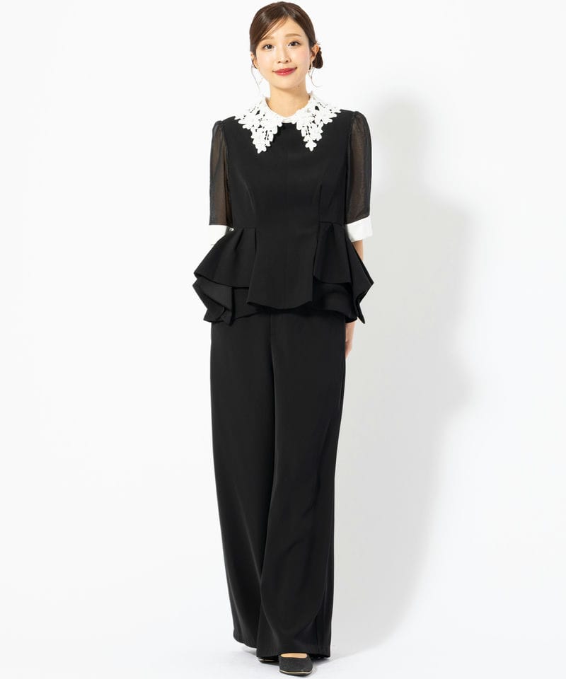 【早い者勝ち・美品】Leja ぺプラム パンツ ドレス【3/3-3/7発送不可】 Leja レジャ レースカラーペプラムブラウスパンツセットアップドレス
