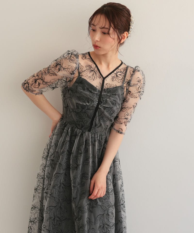 Select Shop シアーラインフラワー刺繍パフスリーブドレス ブラック系
