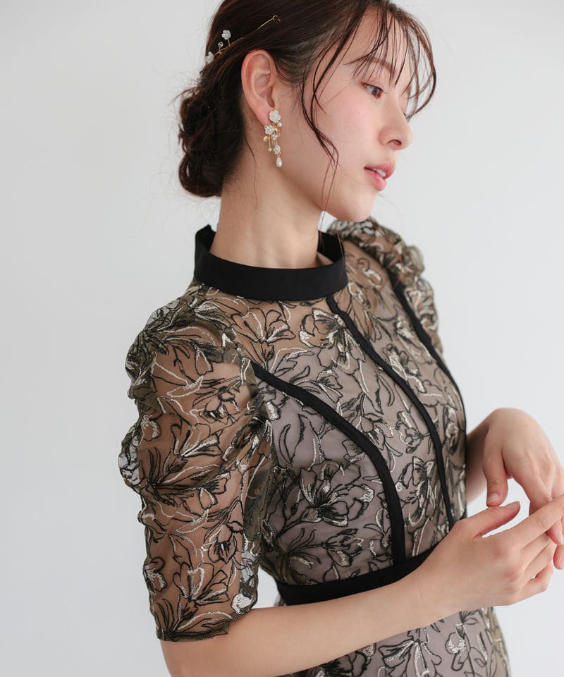 Select Shop 配色パイピングフラワー刺繍チュールドレス ブラック系