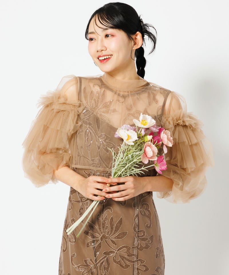 Leja レジャ フリルチュールスパンコールフローラルIラインドレス