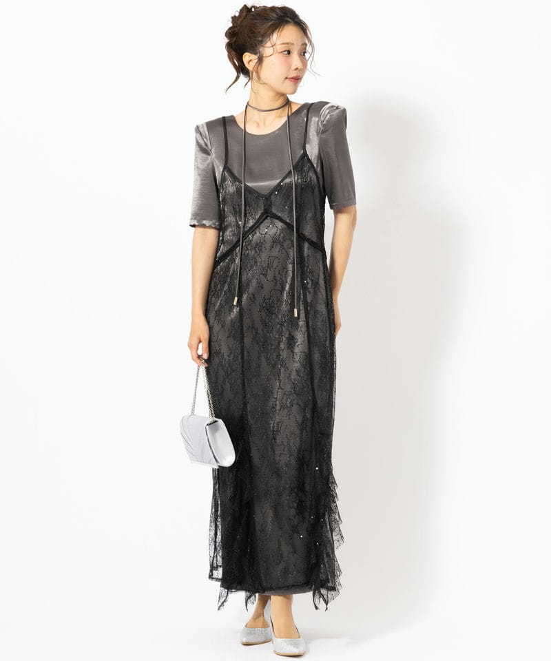 ANDRESD アンドレスド スパークルレースサテンドレス ブラック系