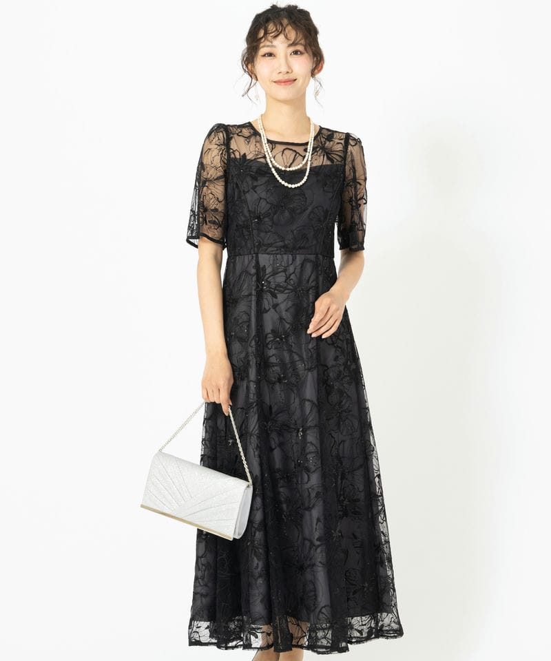 Aimer エメ ビオラモチーフスパンコール刺繍バックシャンドレス ブルー