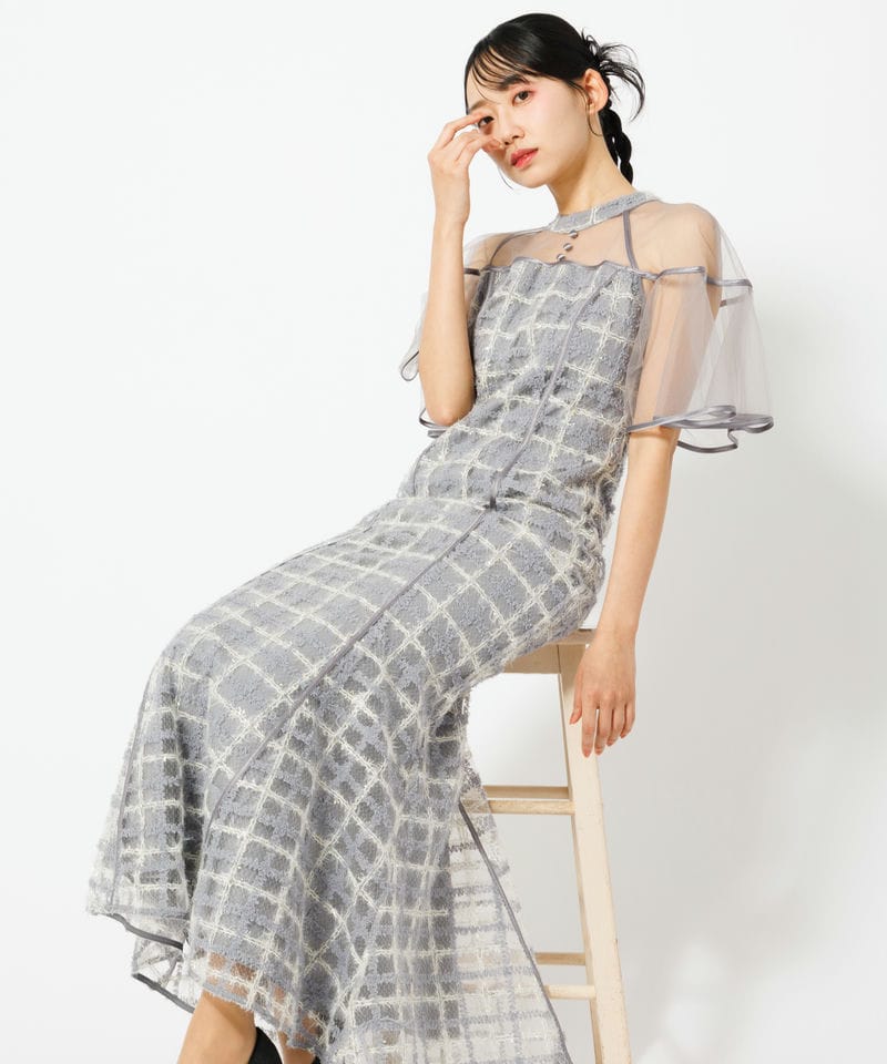 Leja レジャ チェックスパンコールリボンワンピースドレス グレー系