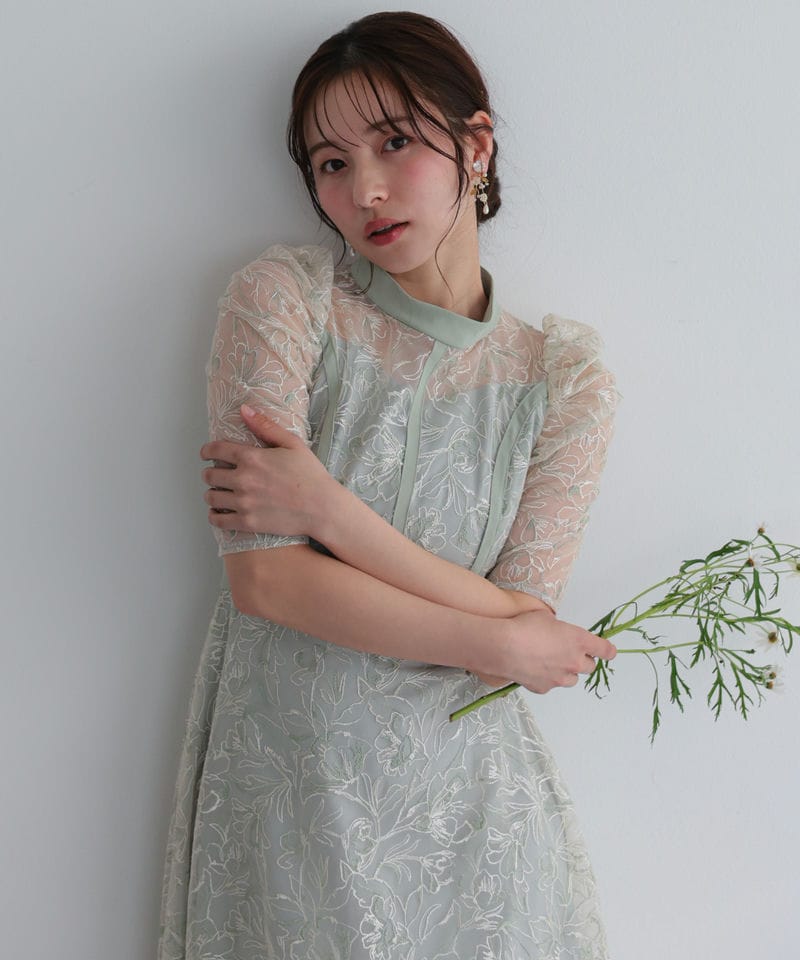 Select Shop 配色パイピングフラワー刺繍チュールドレス グリーン系