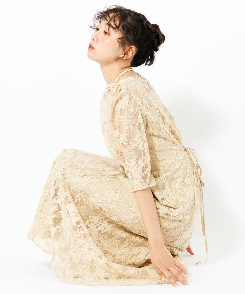 Aimer エメ ラメモールレース七分袖パネルラインドレス イエロー系