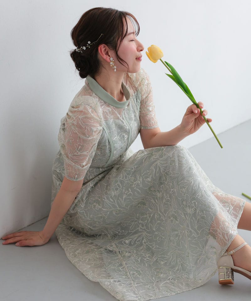 グリーン フローラル刺繍 マキシドレス Select Shop 配色パイピングフラワー刺繍チュールドレス グリーン系