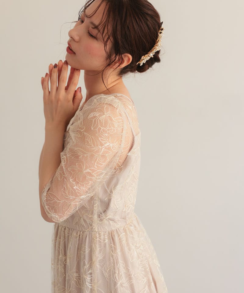 Select Shop シアーラインフラワー刺繍パフスリーブドレス ベージュ系