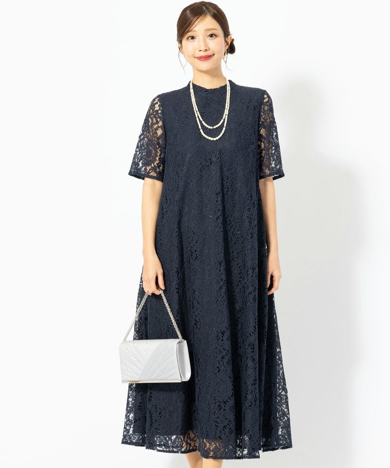 CELFORD セルフォード タイルレースパイピングドレス ネイビー系