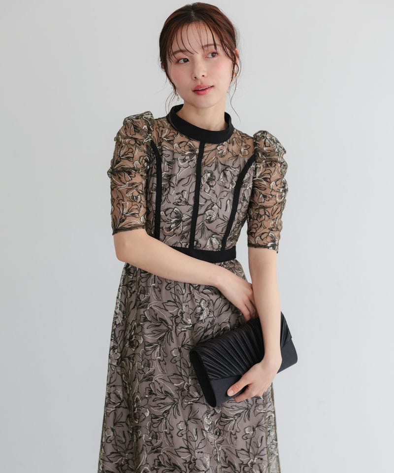 Select Shop 配色パイピングフラワー刺繍チュールドレス ブラック系