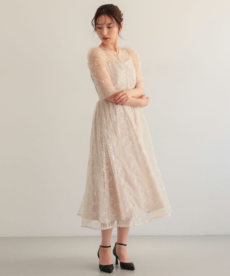 Select Shop シアーラインフラワー刺繍パフスリーブドレス ベージュ系