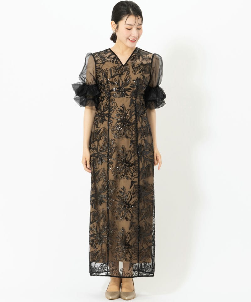 Leja オリーブグリーン フリル付きロングドレス　Mサイズ Leja レジャ オーガンジーフリルスリーブフラワースパンコールIライン
