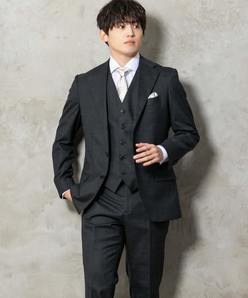 【極美品】SUIT SQUARE 3ピース 通年 無地 ノータック ダークグレー SUIT SQUARE シャドーオーバーチェック・スリーピーススーツ グレー系