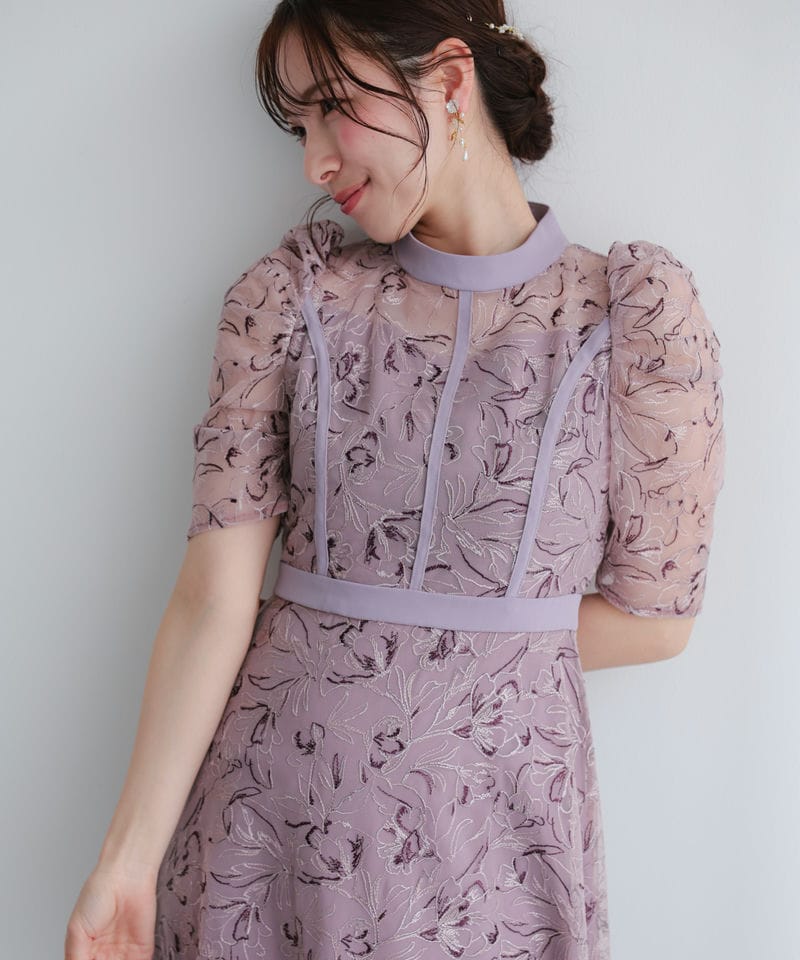 Select Shop 配色パイピングフラワー刺繍チュールドレス パープル系