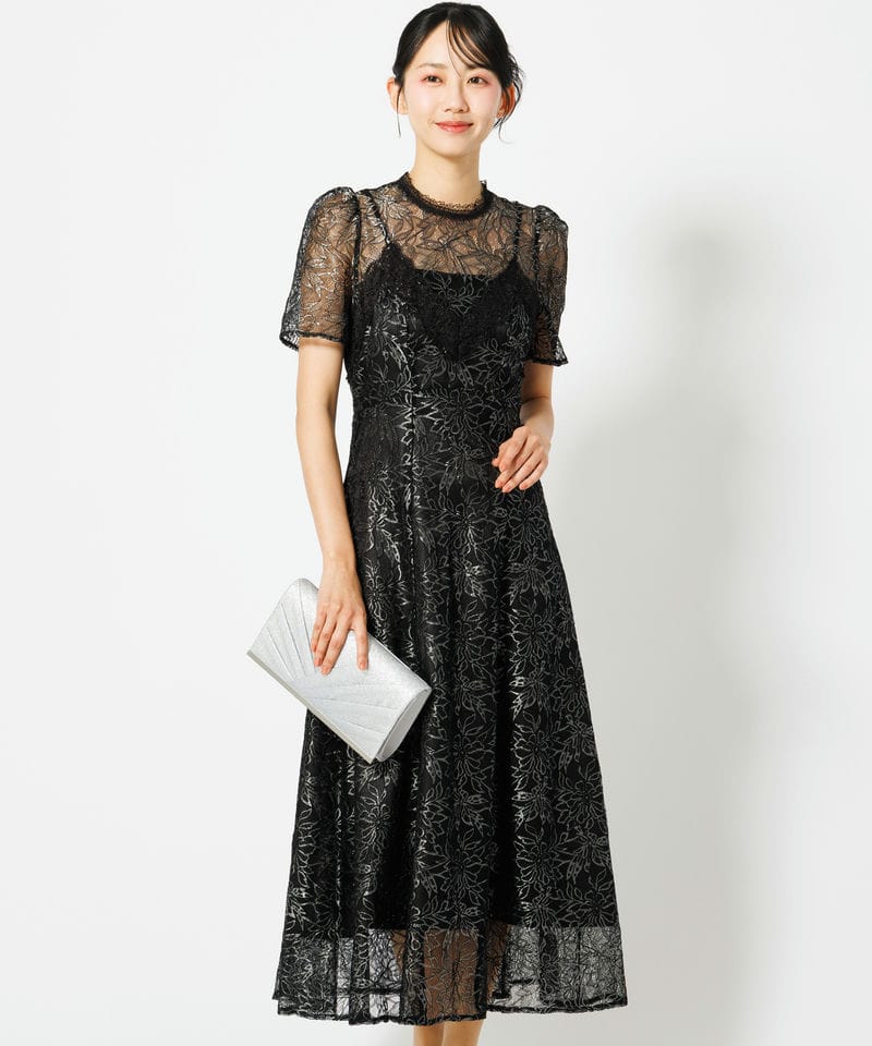 SNIDEL スナイデル ボリュームフレアレースドッキングドレス ブラック