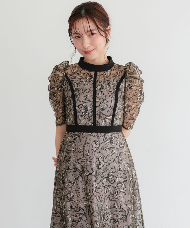 Select Shop 配色パイピングフラワー刺繍チュールドレス ブラック系