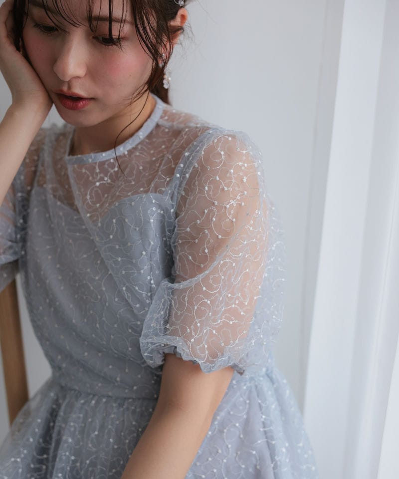 Select Shop スパンコール刺繍チュールパフスリーブドレス ブルー系