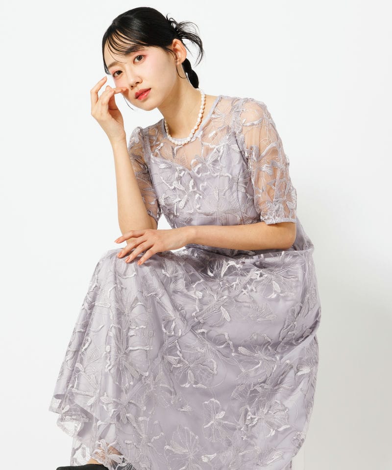 Aimer エメ ビオラモチーフスパンコール刺繍バックシャンドレス ブルー
