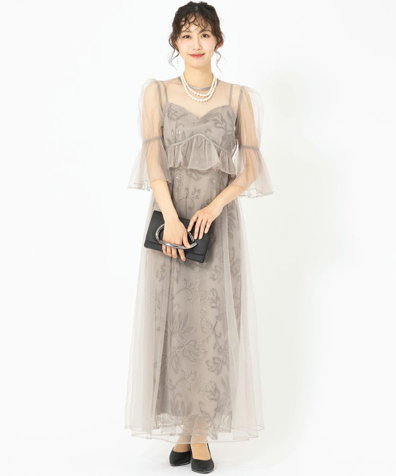 Leja レジャ フラワースパンコールチュールシアーキャミドレス グレー