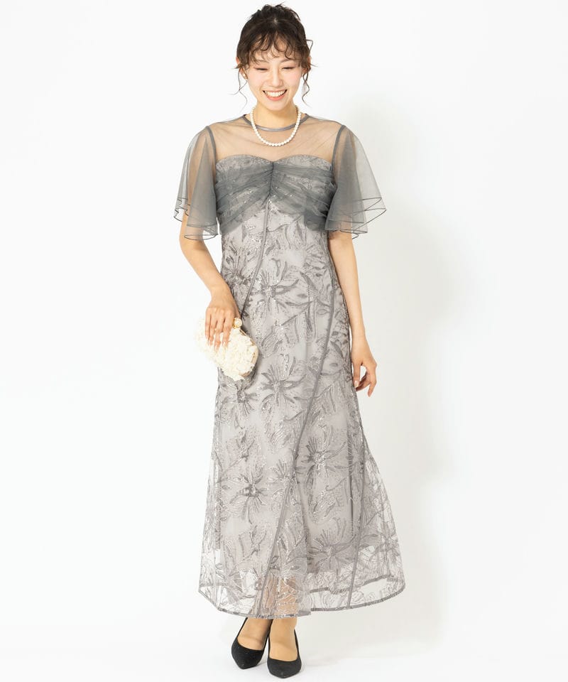LEJAフラワースパンコールチュールフレアスリーブマーメイドドレス グレー Leja レジャ フラワースパンコールチュールフレアスリーブマーメイド