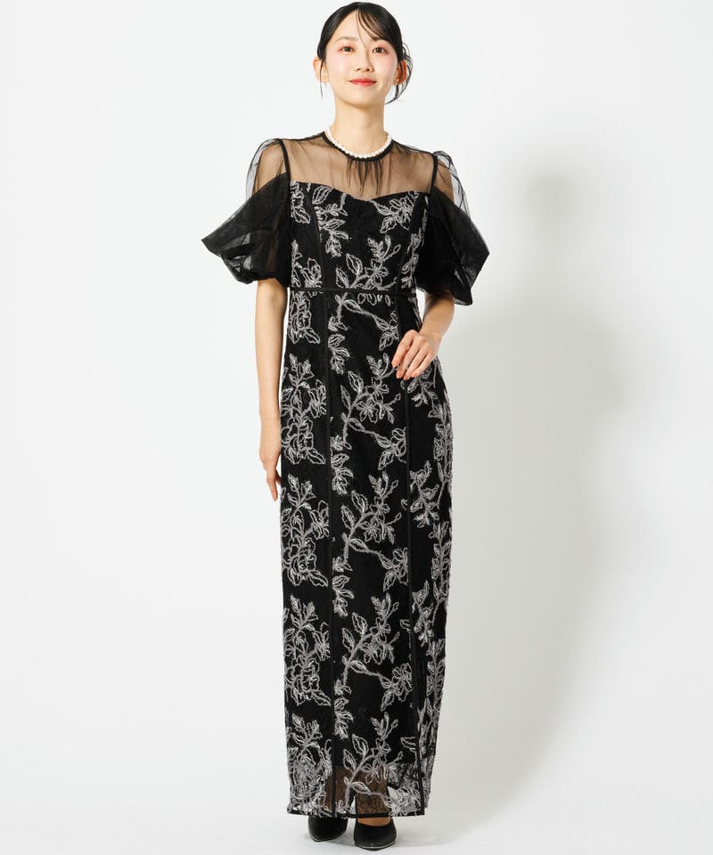 【LEJA】ラメシャギーフラワーシアースリーブＩラインドレス　結婚式　パーティー Leja レジャ ラメシャギーフラワーシアースリーブIラインドレス