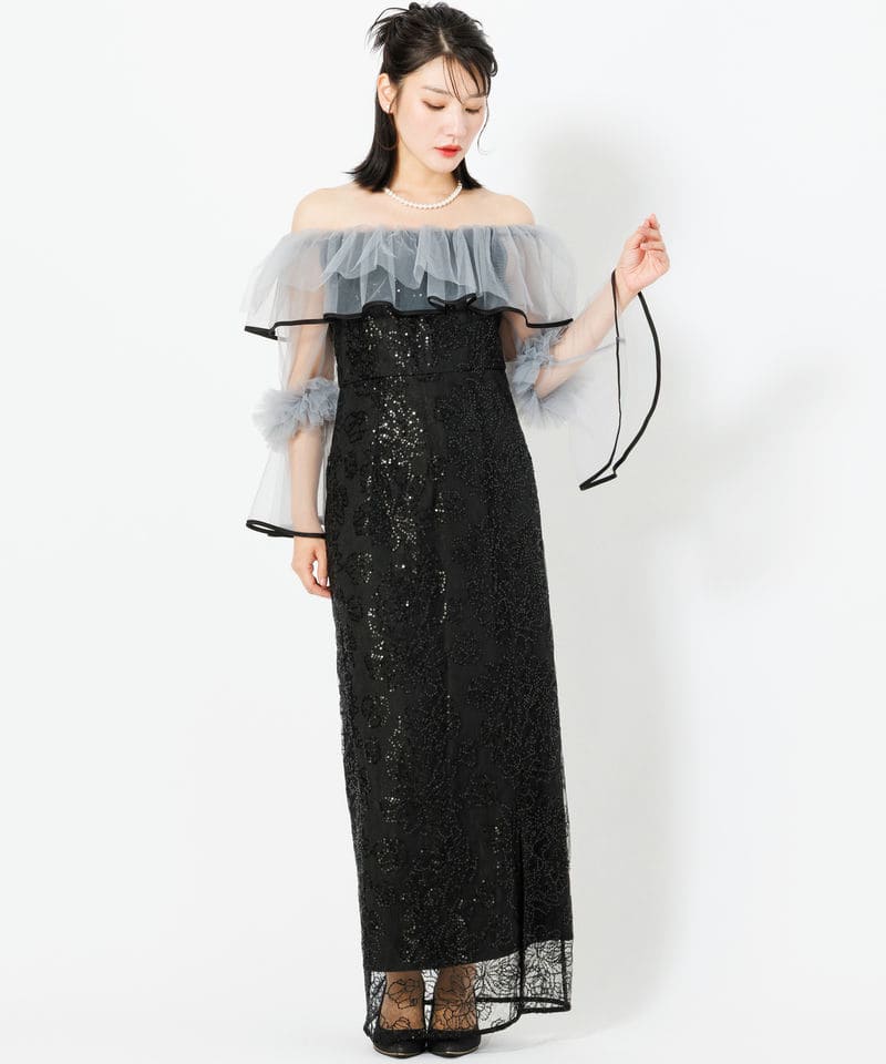 LEJA チュールフリルスパンコールロングドレス Leja レジャ 2WAYチュールフリルスパンコールIラインドレス ブラック系